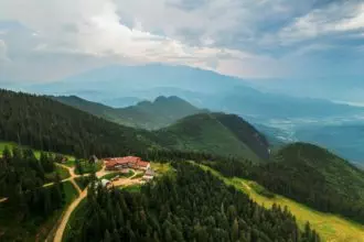 Aerial drone view of Poiana Brasov, Romania